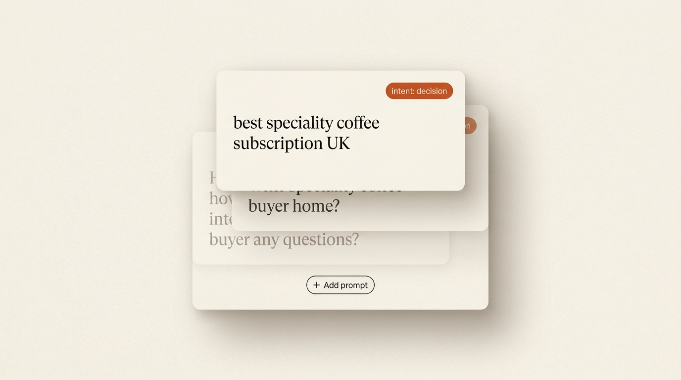 Stack of buyer-intent prompt cards with a decision tag