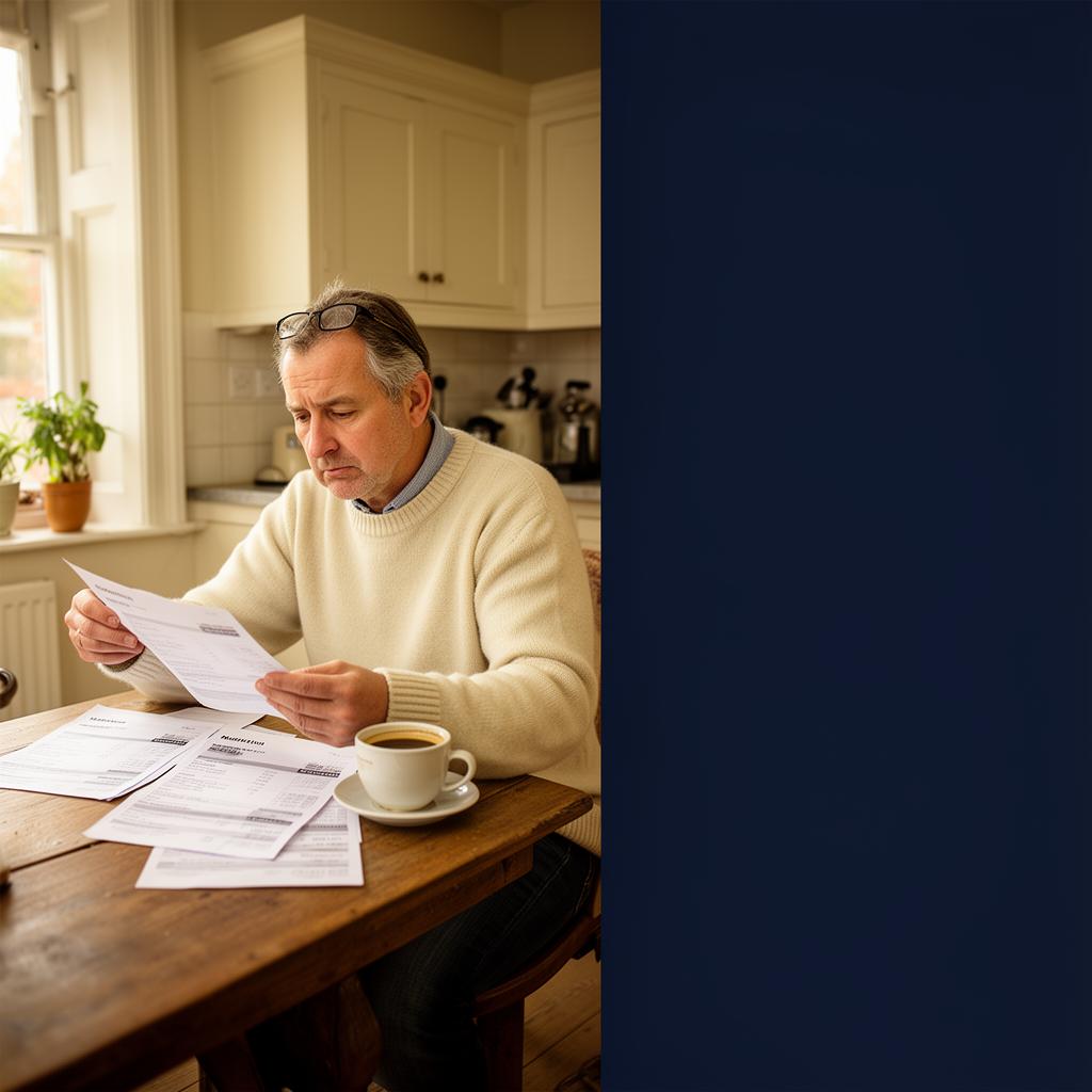 A B2B founder reviewing three marketing invoices at a kitchen table.