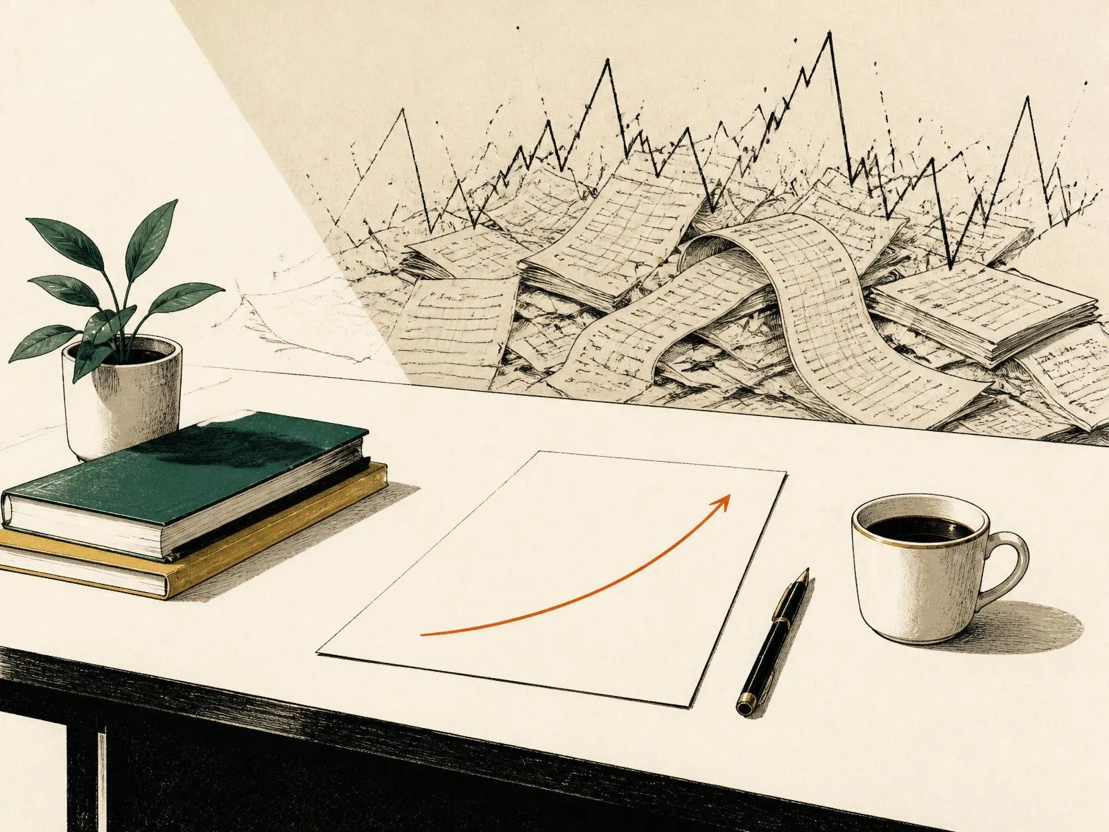 A tidy desk with a single sheet showing one smooth rising line, a stack of tangled ledgers and jagged graphs in the background.