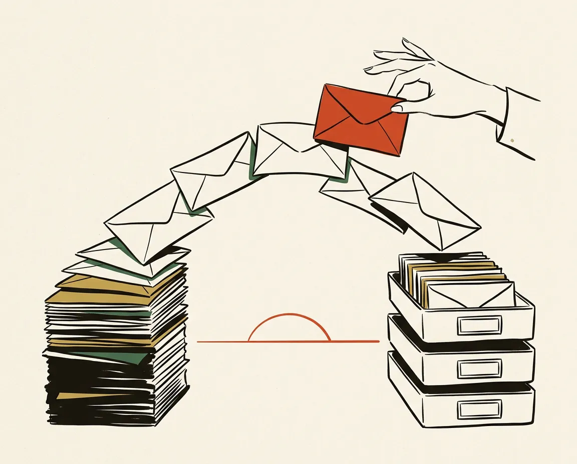 Envelopes sorted in an arc into trays, one of them passed on to a human hand for review.