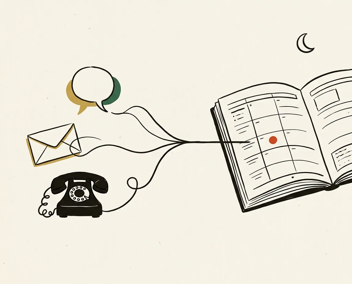 An orderly desk with a phone, an envelope and a speech bubble all converging into an open diary.