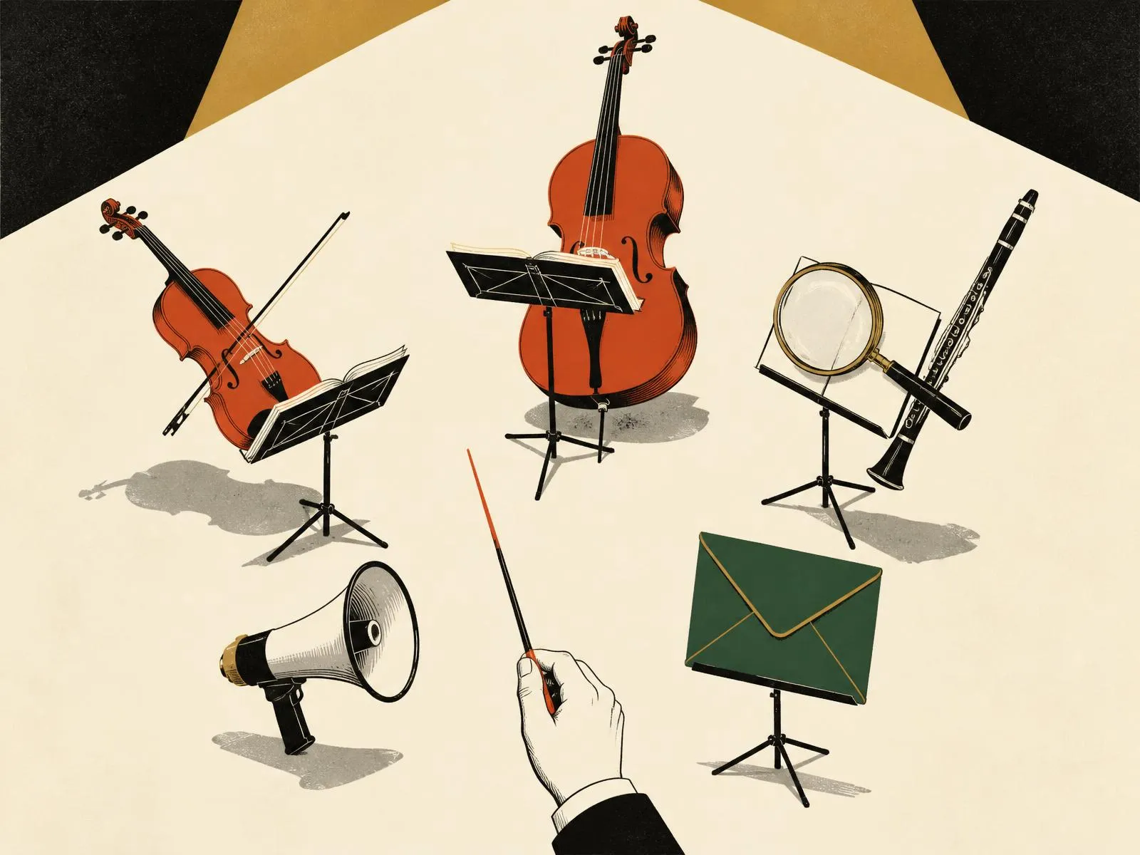 A conductor's baton with a vermilion tip cueing instruments, a megaphone and a magnifying glass arranged like sheet music.