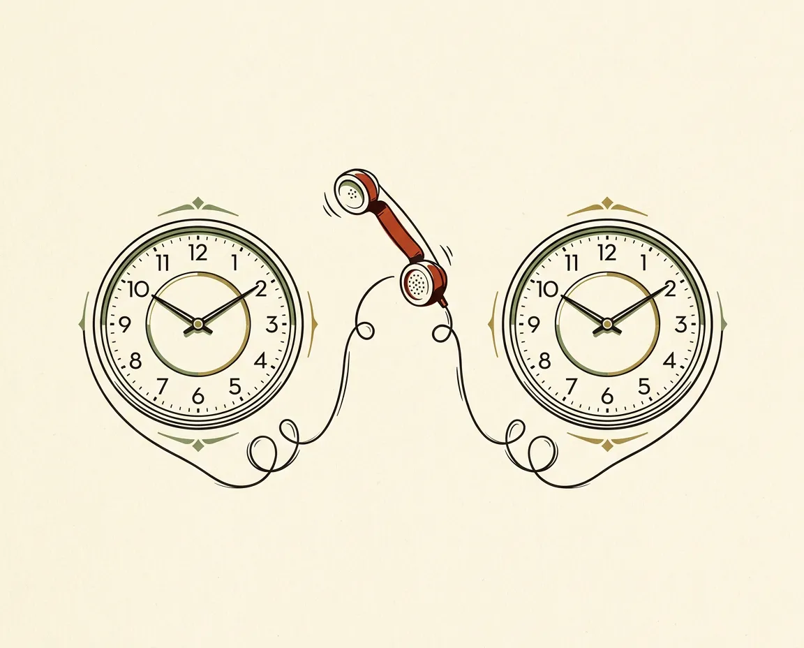 Two wall clocks with a telephone receiver lifted between them, indicating fast callbacks.