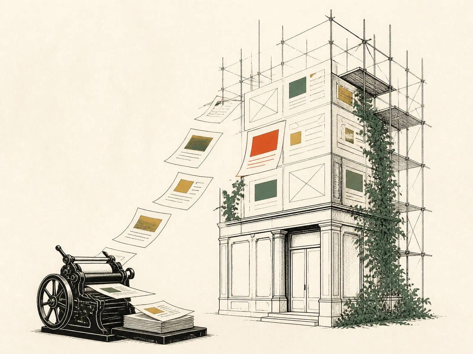A small printing press producing fresh pages that slot neatly into the facade of a building drawn like a website wireframe.