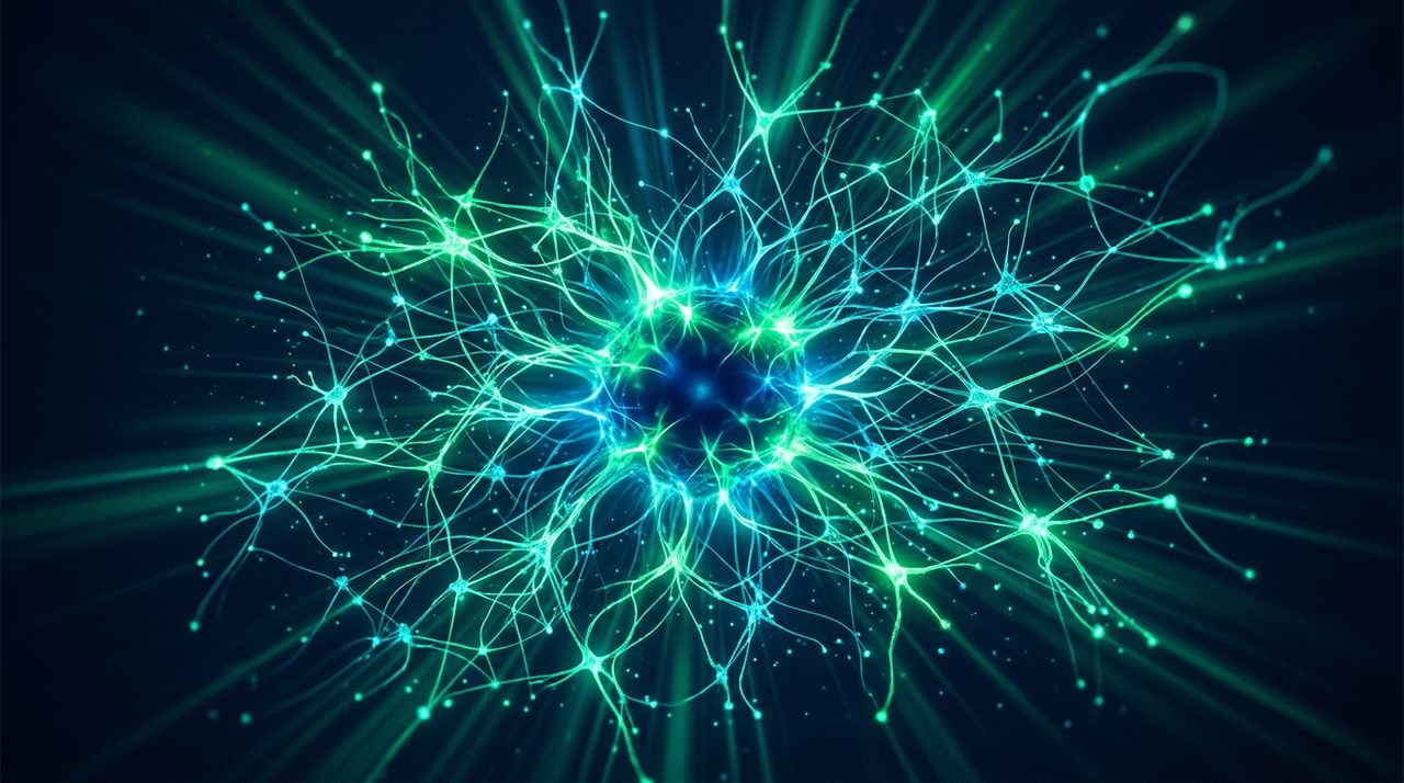 Luminous neural lattice in emerald and teal radiating from a navy core, abstract intelligence visualisation