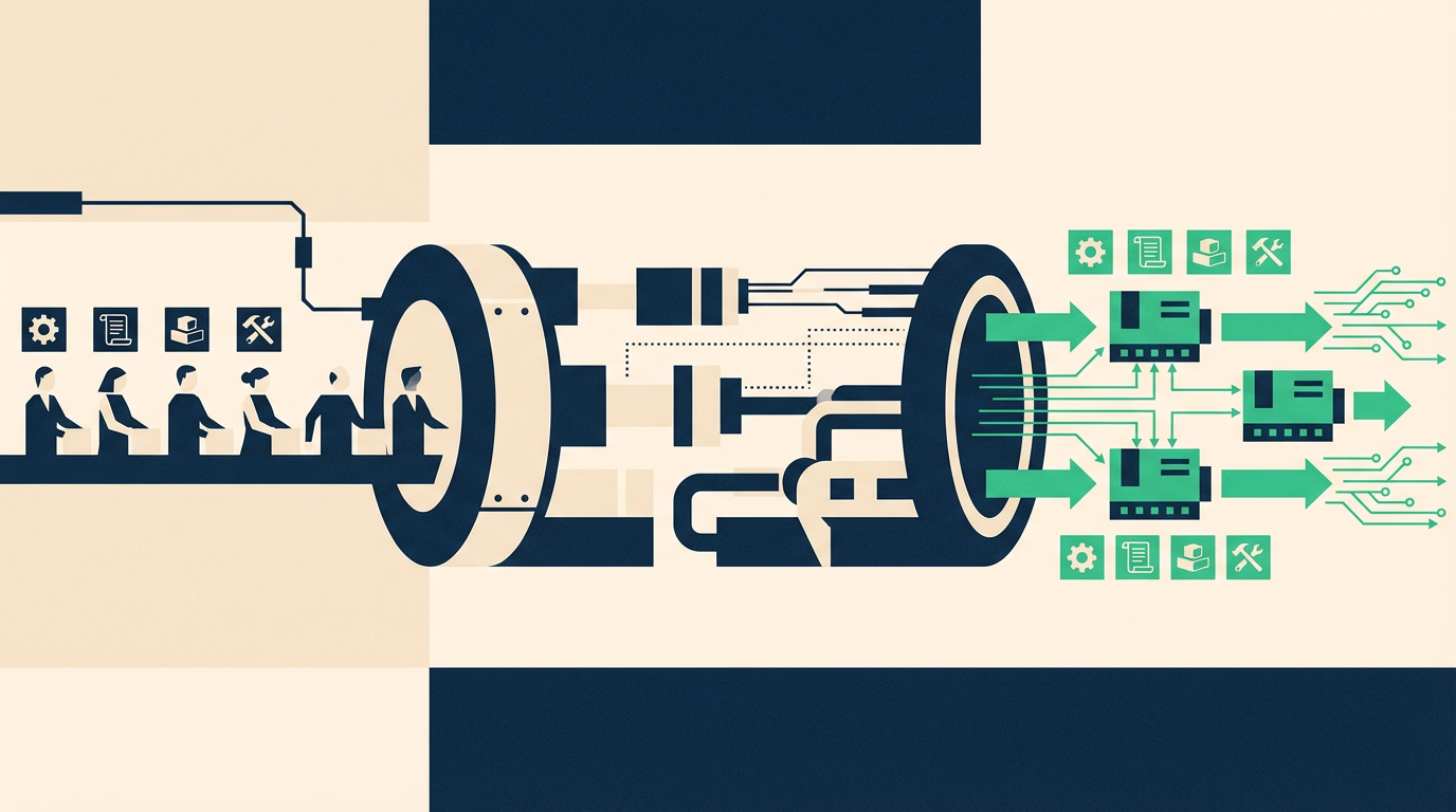 Illustration of human process work being replaced by automated modules on the commercial edge of a business.